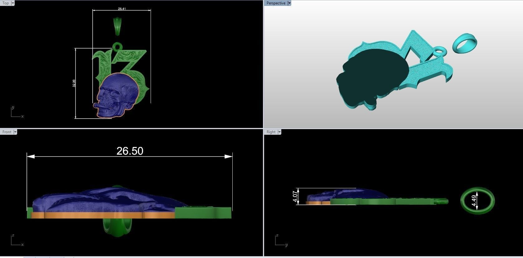 Lucky 13 Pendant Skull with Cigarette and Baroque Pattern 3D print model_7