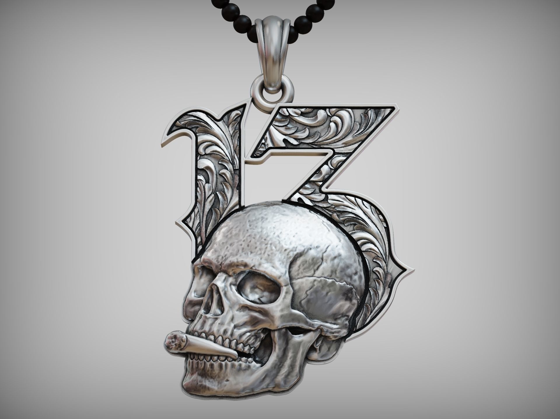 Lucky 13 Pendant Skull with Cigarette and Baroque Pattern 3D print model_2