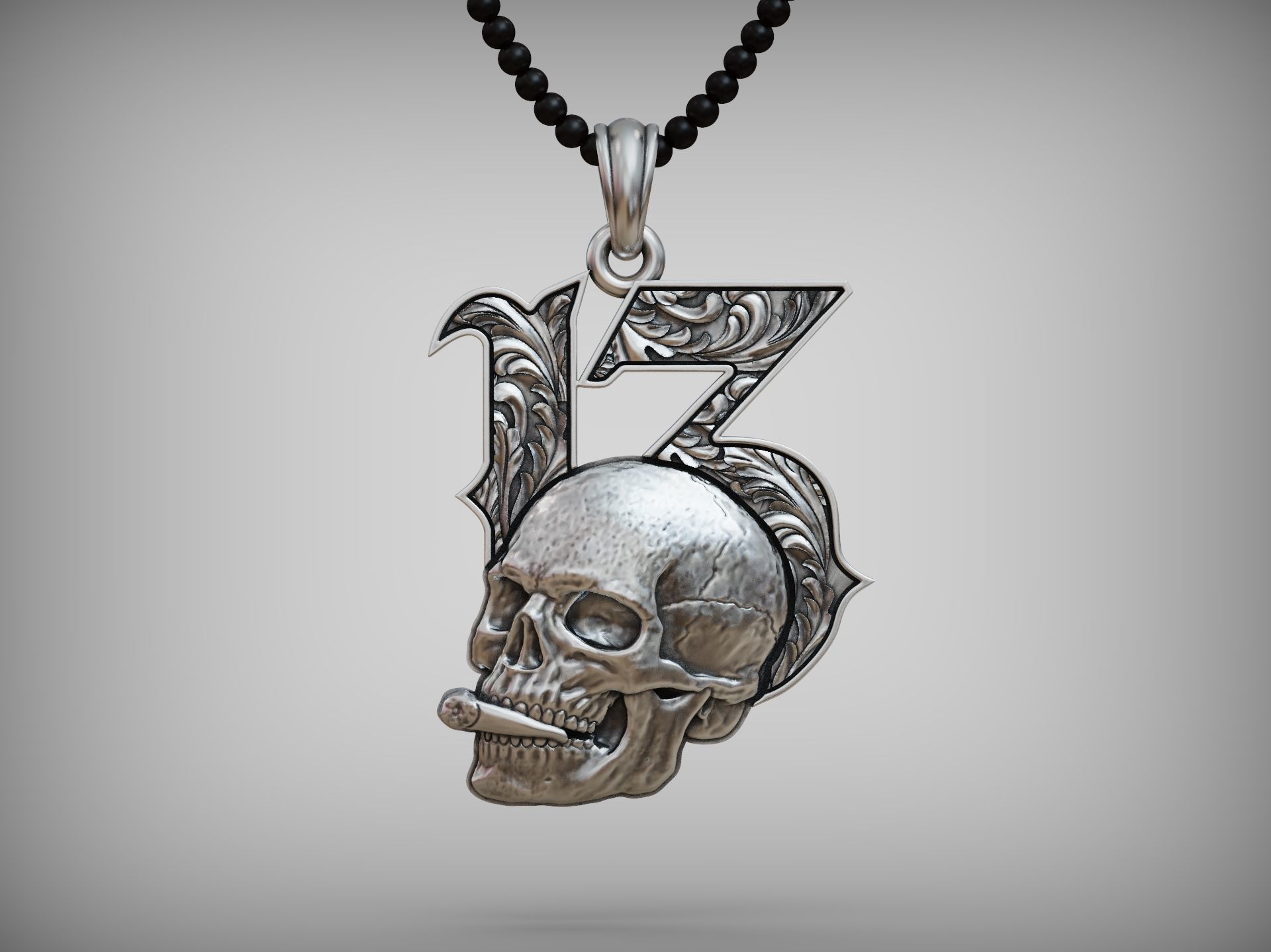 Lucky 13 Pendant Skull with Cigarette and Baroque Pattern 3D print model_4