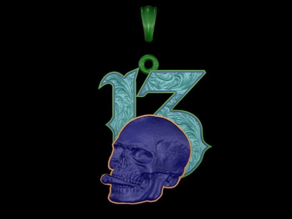 Lucky 13 Pendant Skull with Cigarette and Baroque Pattern 3D print model_6