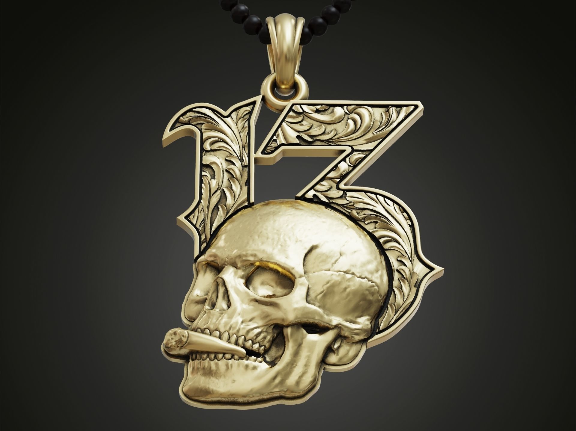 Lucky 13 Pendant Skull with Cigarette and Baroque Pattern 3D print model_1