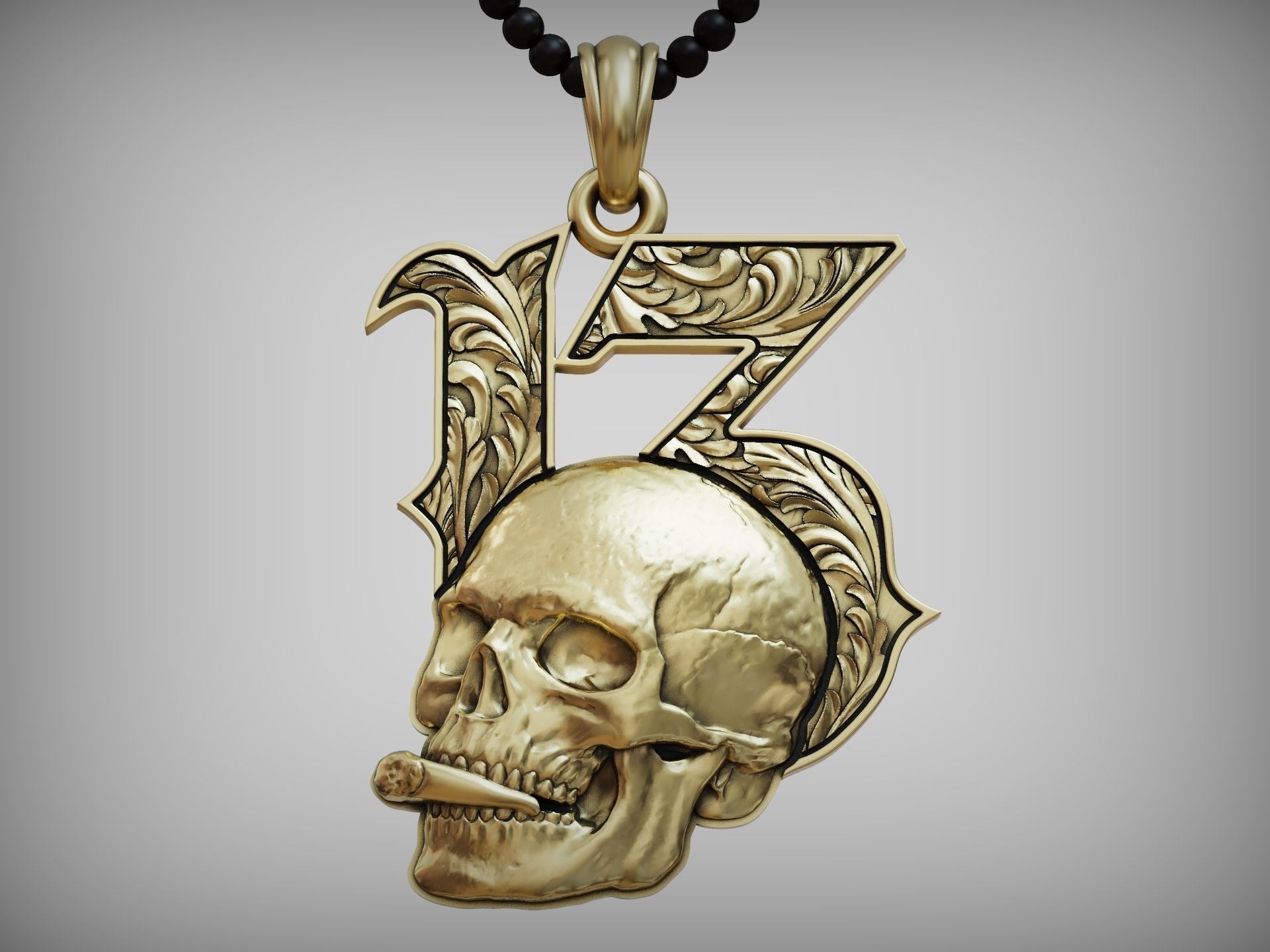 Lucky 13 Pendant Skull with Cigarette and Baroque Pattern 3D print model_3