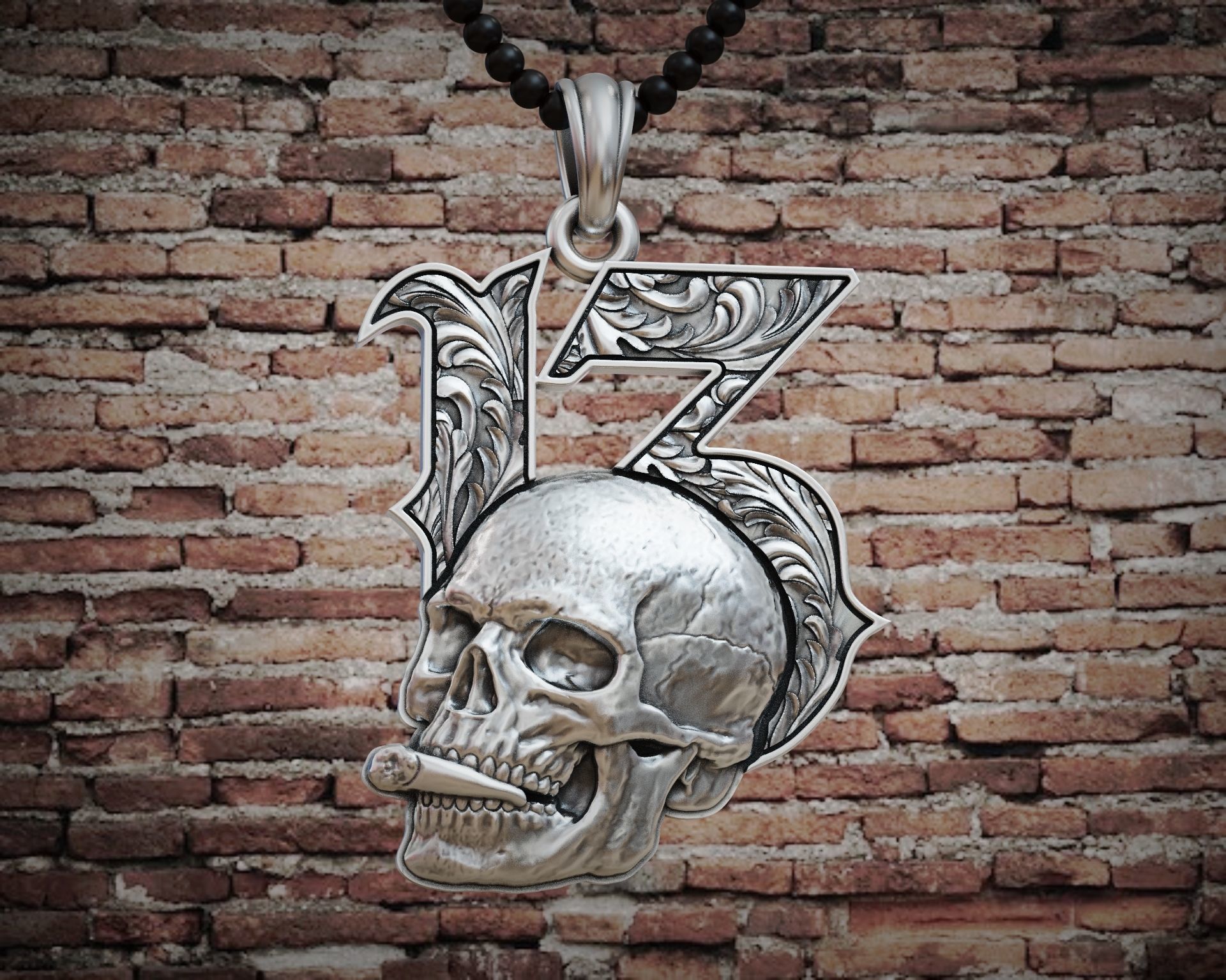 Lucky 13 Pendant Skull with Cigarette and Baroque Pattern 3D print model_5