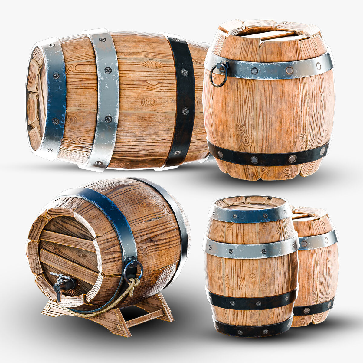 Wooden Barrels Pack Low-poly 3D model_9
