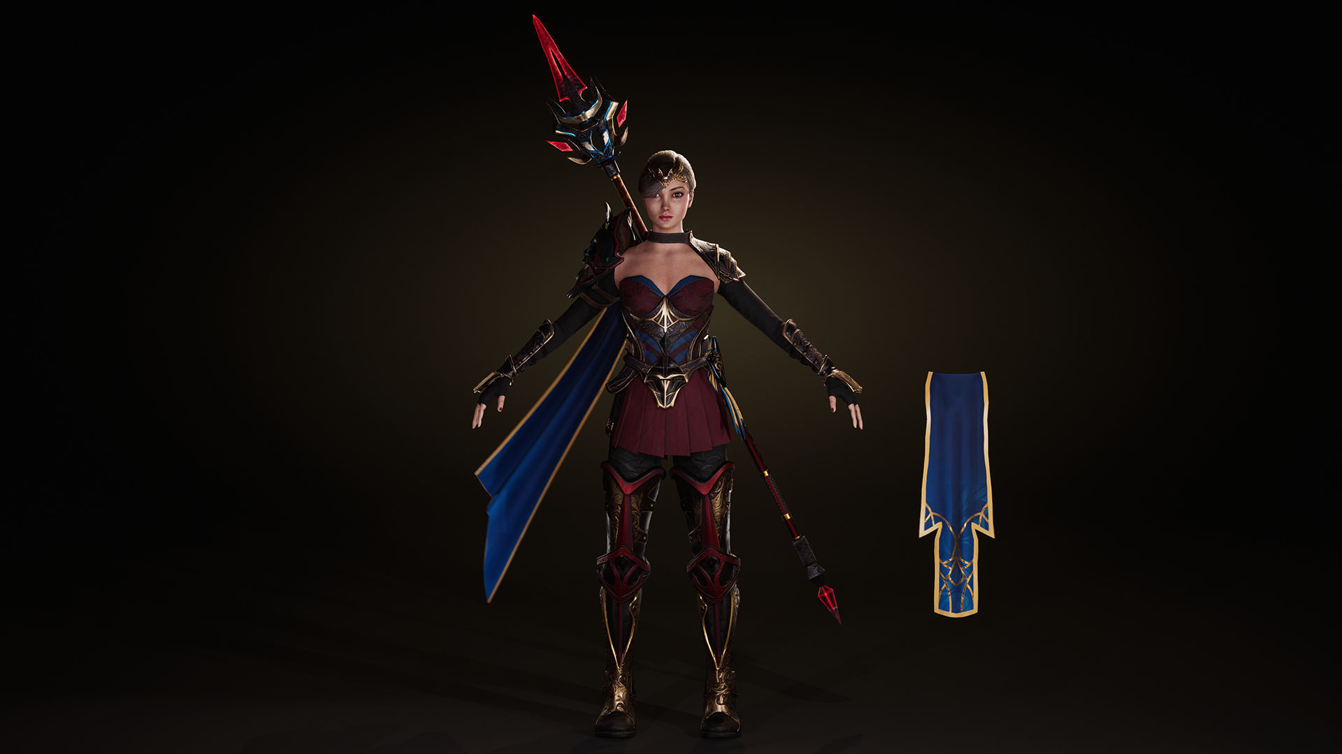 Spearwoman game character Low-poly 3D model_3