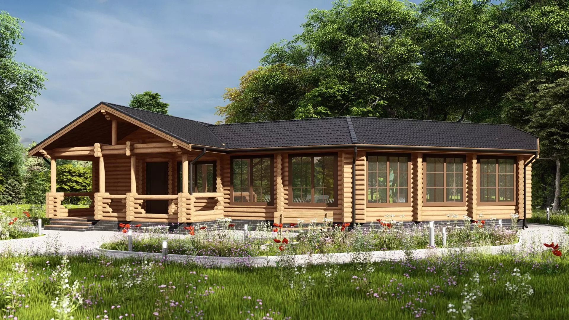 3D model of a wooden bathhouse with a pool 3D model_0