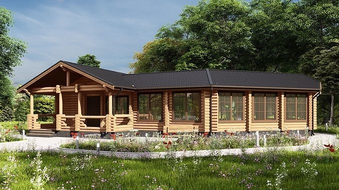 3D model of a wooden bathhouse with a pool 3D model