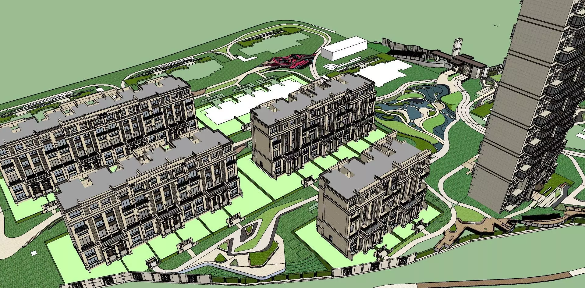 classical mall with apartment buildings 3D model