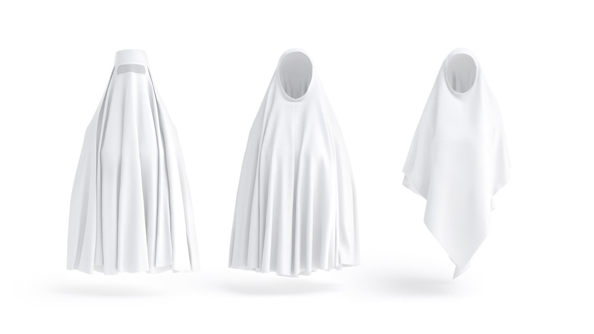 White Muslim Head Dresses Set - 7 islamic woman headwear Low-poly 3D model_2