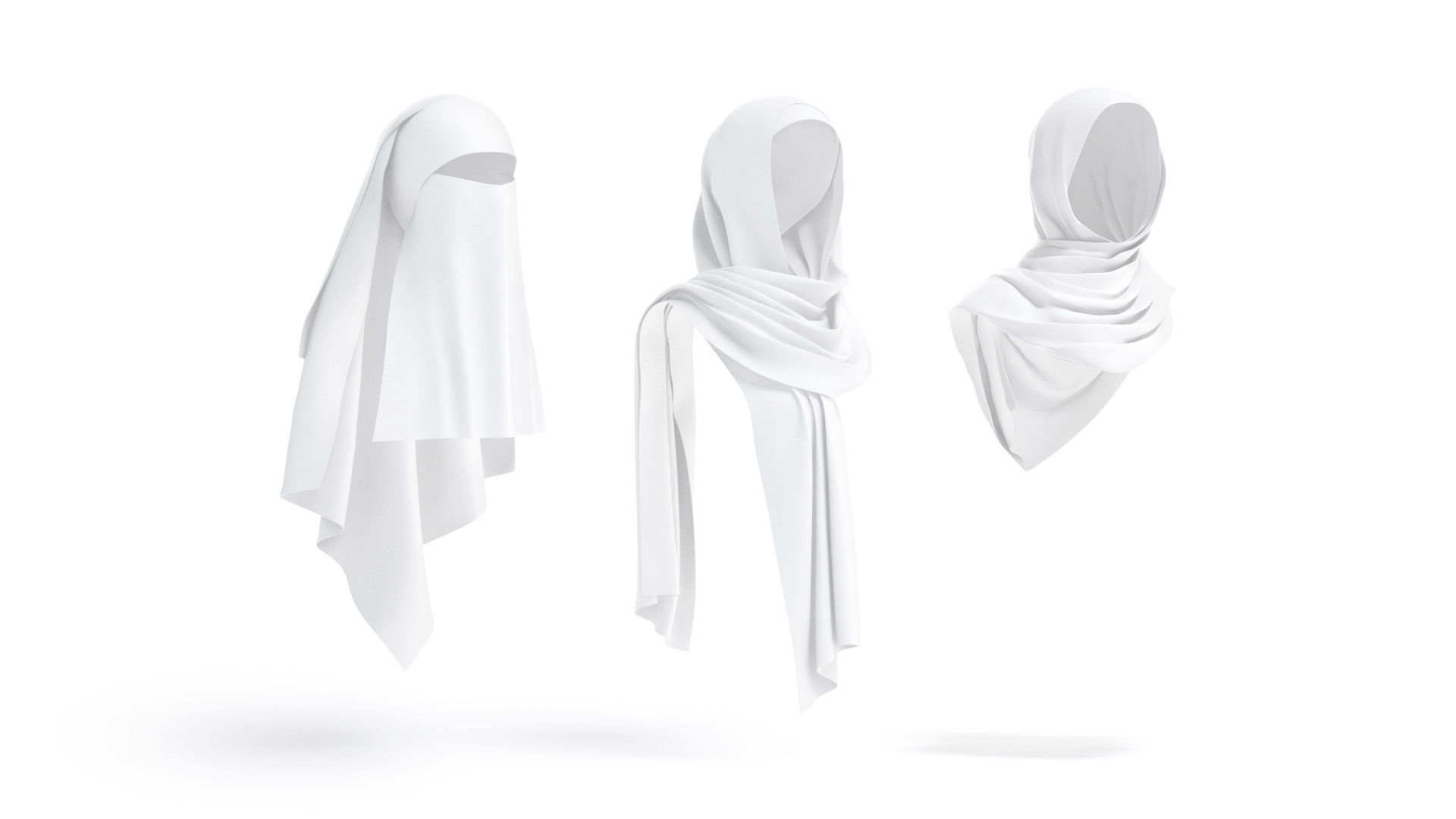 White Muslim Head Dresses Set - 7 islamic woman headwear Low-poly 3D model_3