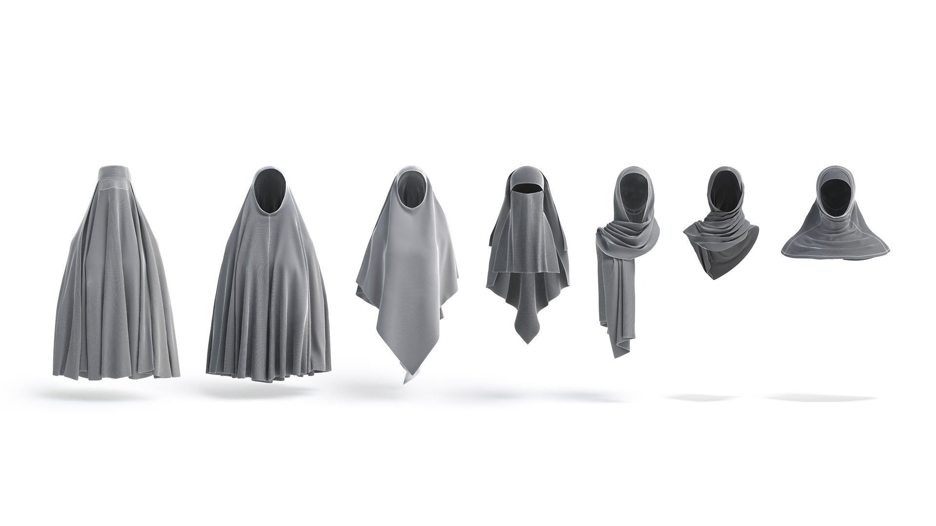 White Muslim Head Dresses Set - 7 islamic woman headwear Low-poly 3D model_9