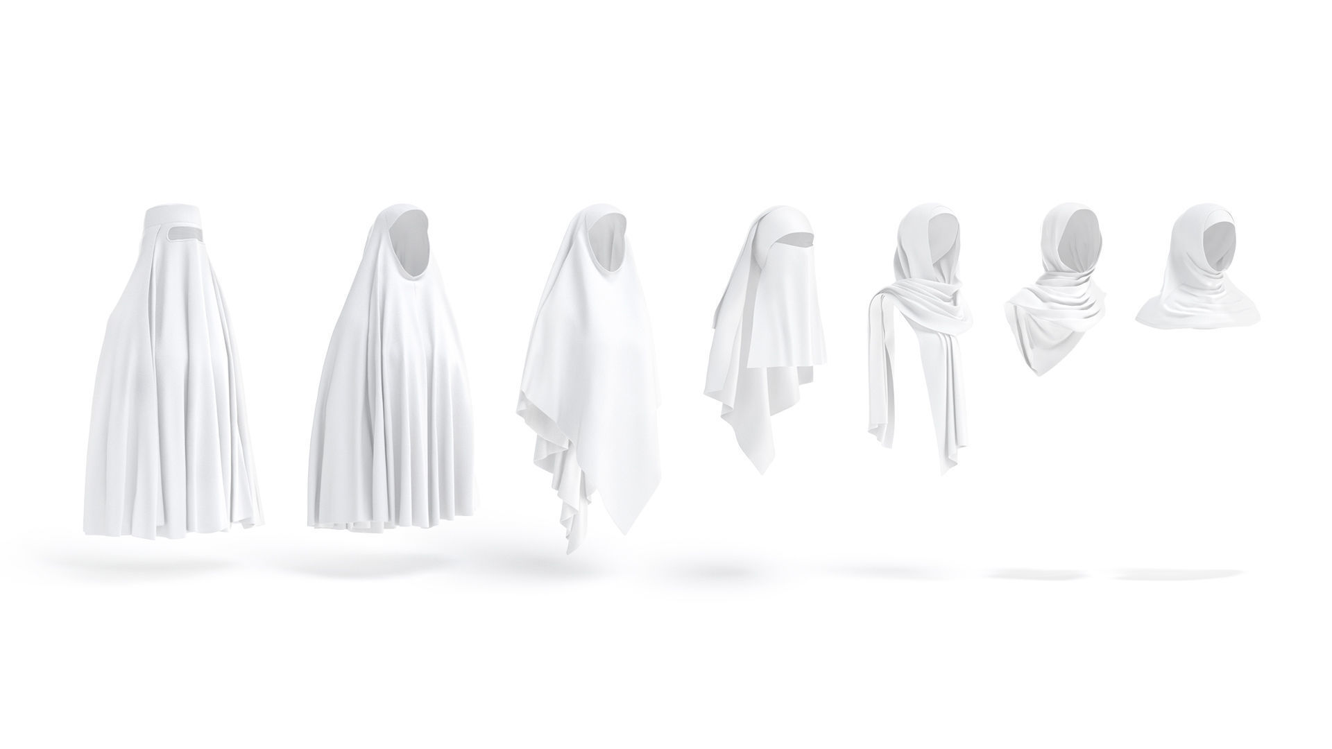 White Muslim Head Dresses Set - 7 islamic woman headwear Low-poly 3D model_1