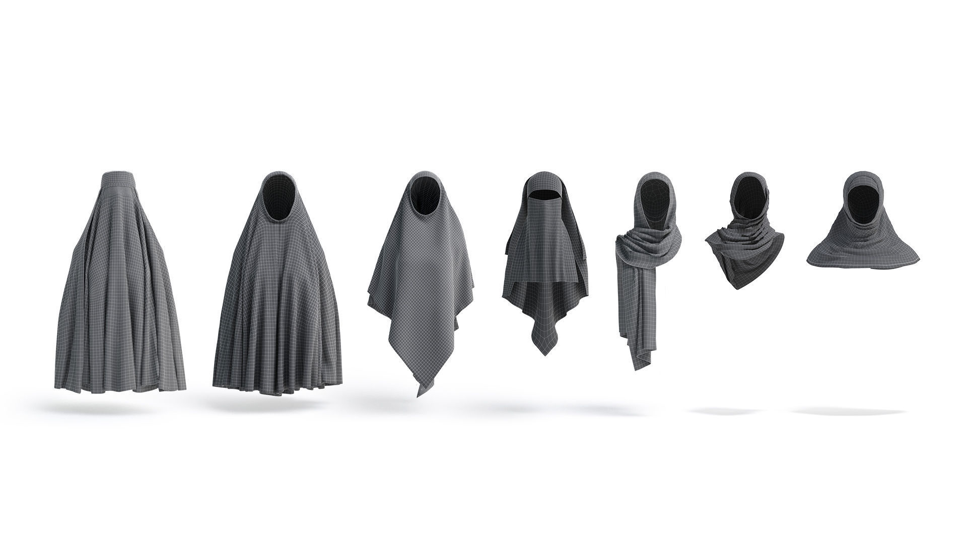 White Muslim Head Dresses Set - 7 islamic woman headwear Low-poly 3D model_7