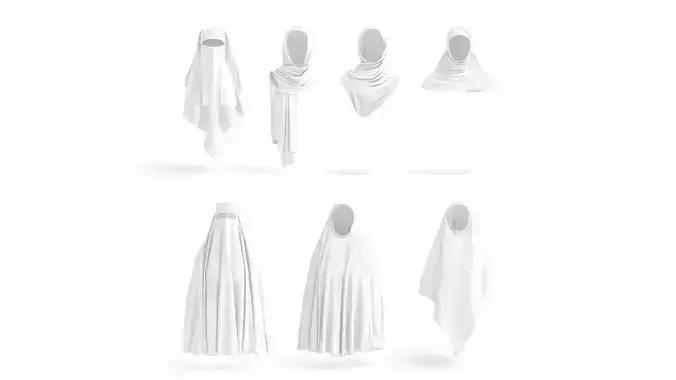 White Muslim Head Dresses Set - 7 islamic woman headwear Low-poly 3D model