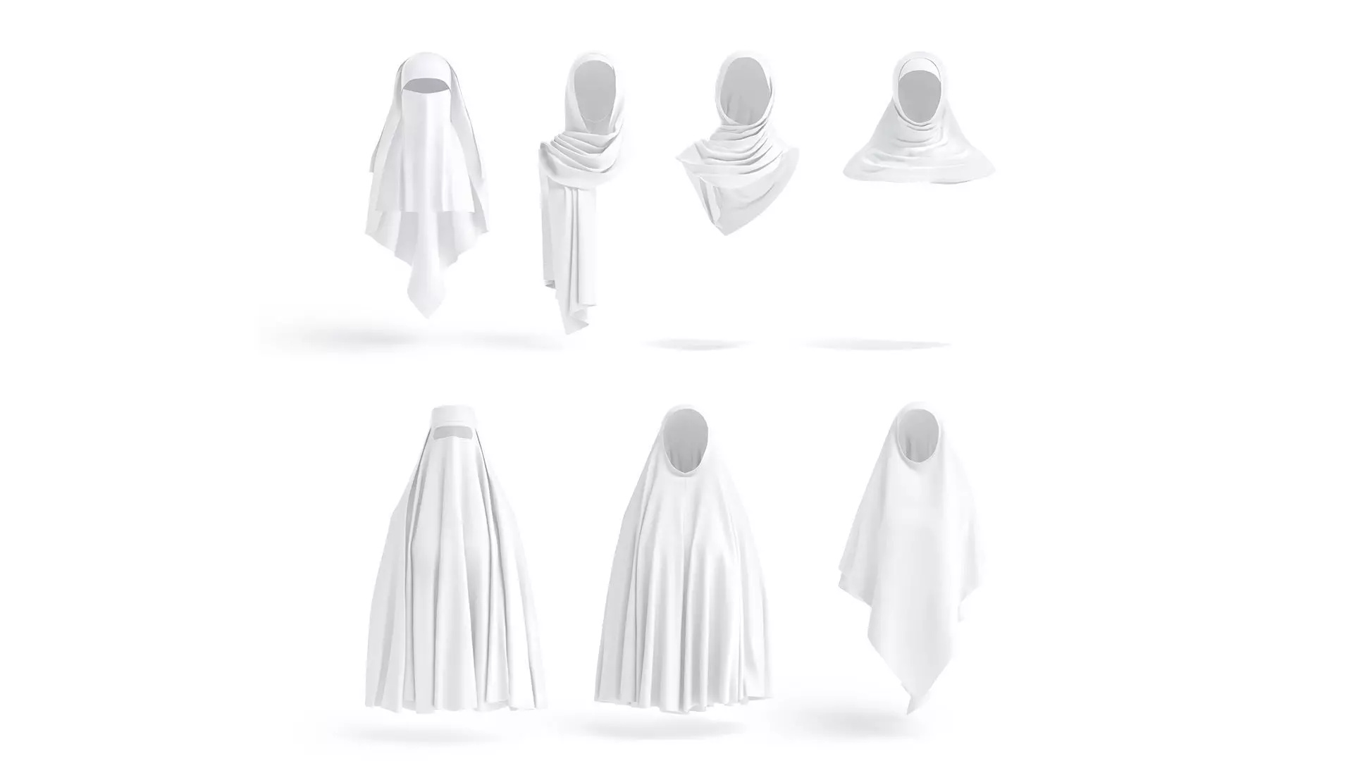 White Muslim Head Dresses Set - 7 islamic woman headwear Low-poly 3D model_0