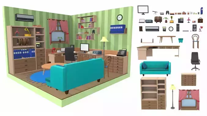 Isometric cartoon office room 01