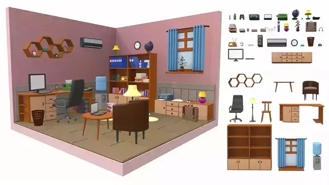 Isometric cartoon office room 03