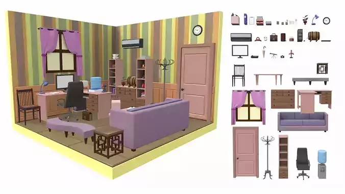 Isometric cartoon office room 04