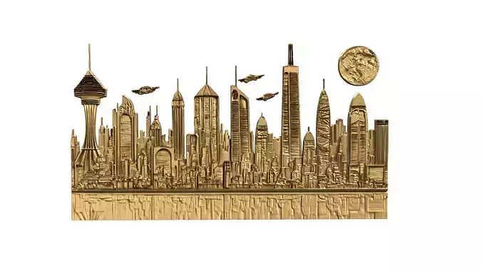   Futuristic Cityscape Printable Relief wall panel decor set 04