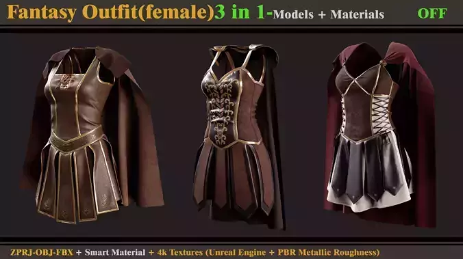 3 in 1 Fantasy Outfits- MD-Clo3d-OBJ-FBX-Materials-Textures 3D model