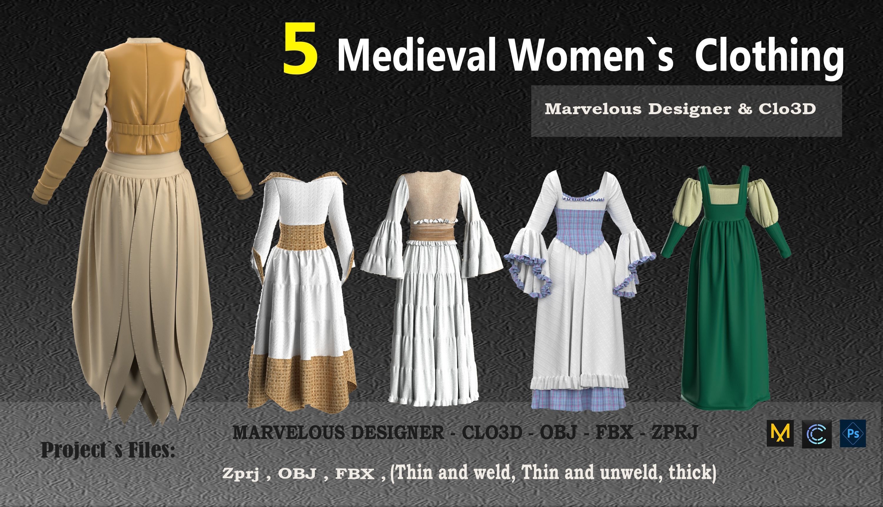 5 Medieval Women Clothing 3D model_1