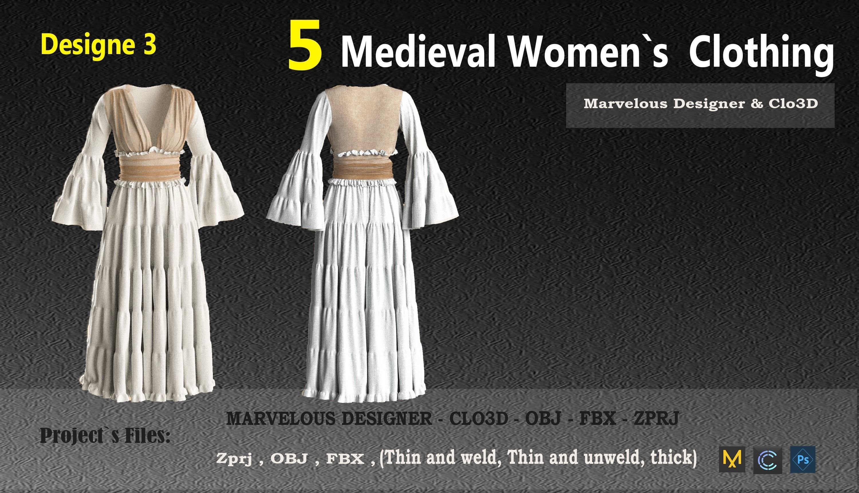 5 Medieval Women Clothing 3D model_14