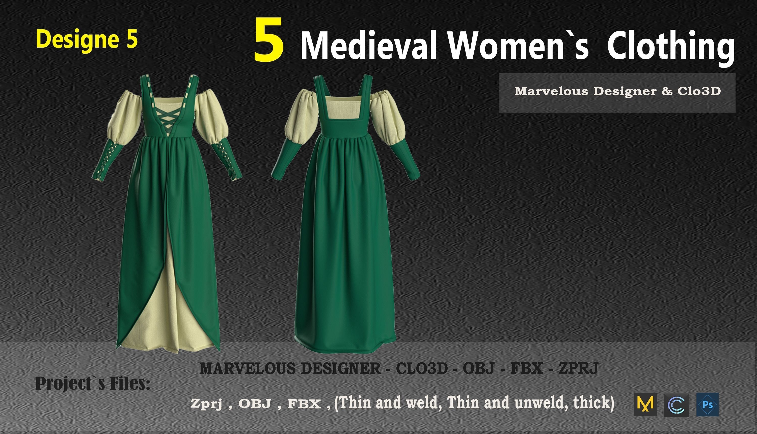 5 Medieval Women Clothing 3D model_22