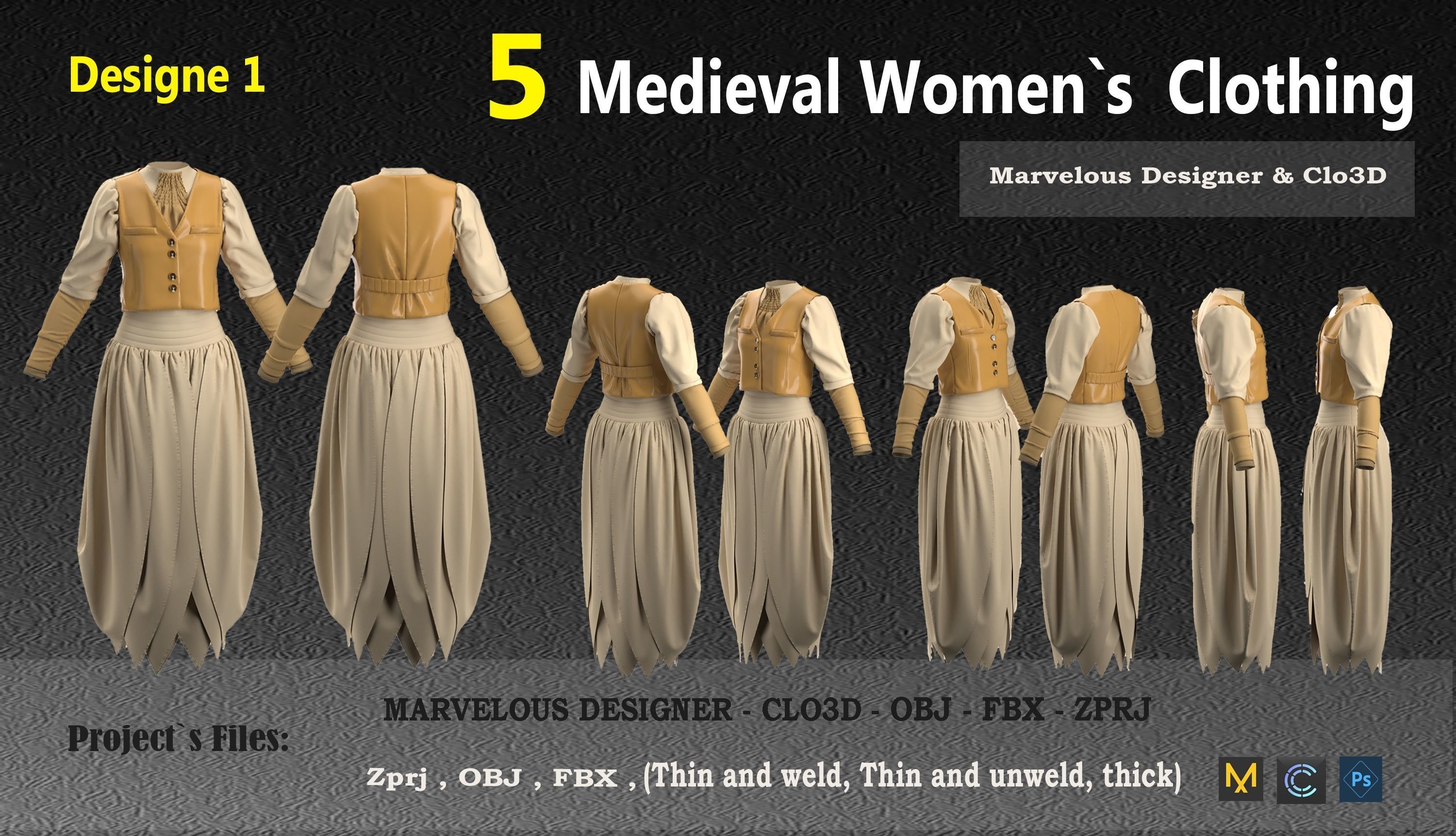 5 Medieval Women Clothing 3D model_2