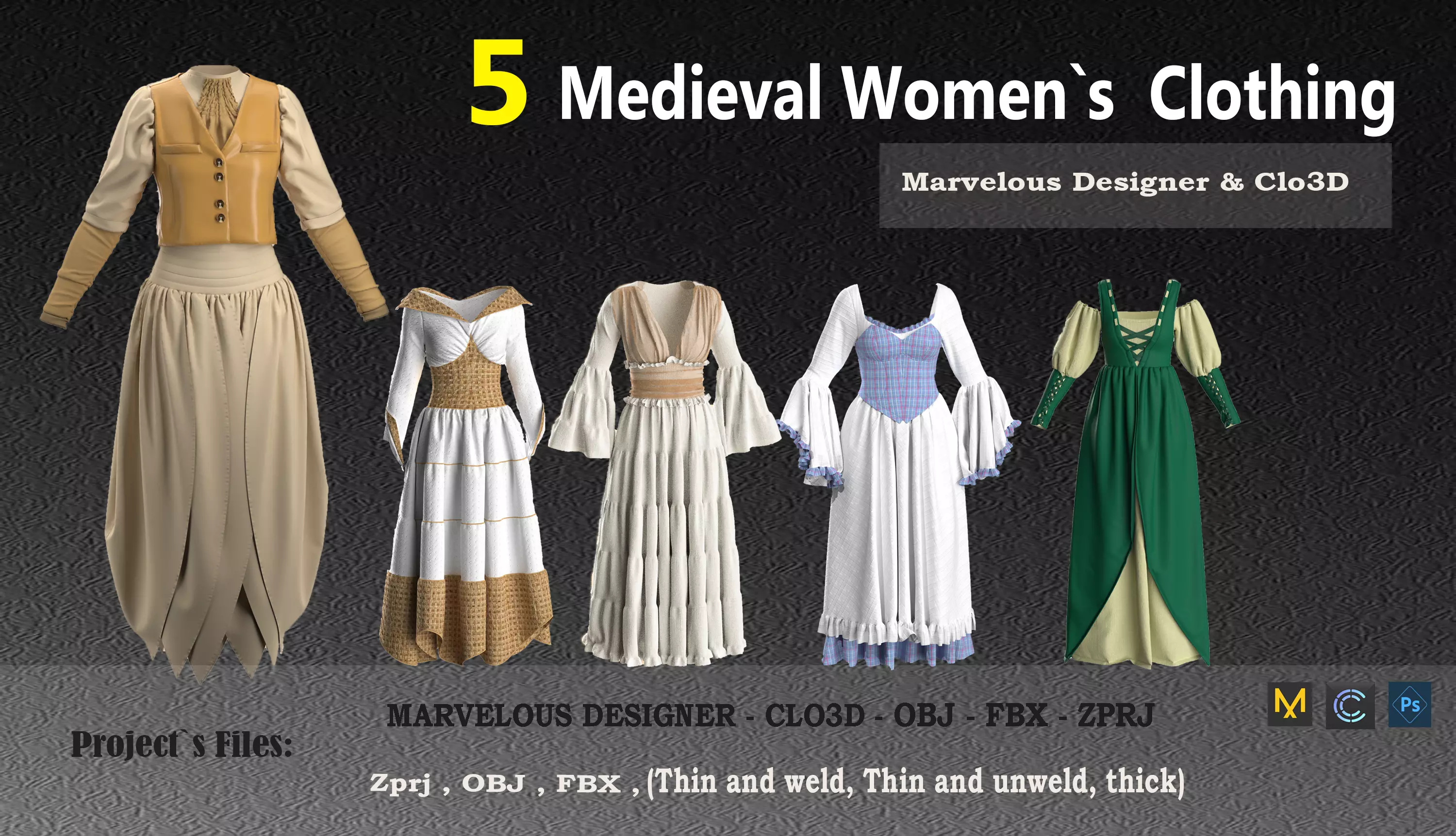 5 Medieval Women Clothing 3D model_0