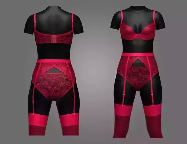 Pink Lace Suspender Lingerie set 3D model