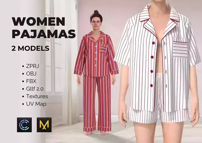 2 Women Pajamas Set - 3D model ZPRJ-OBJ-FBX-Gltf