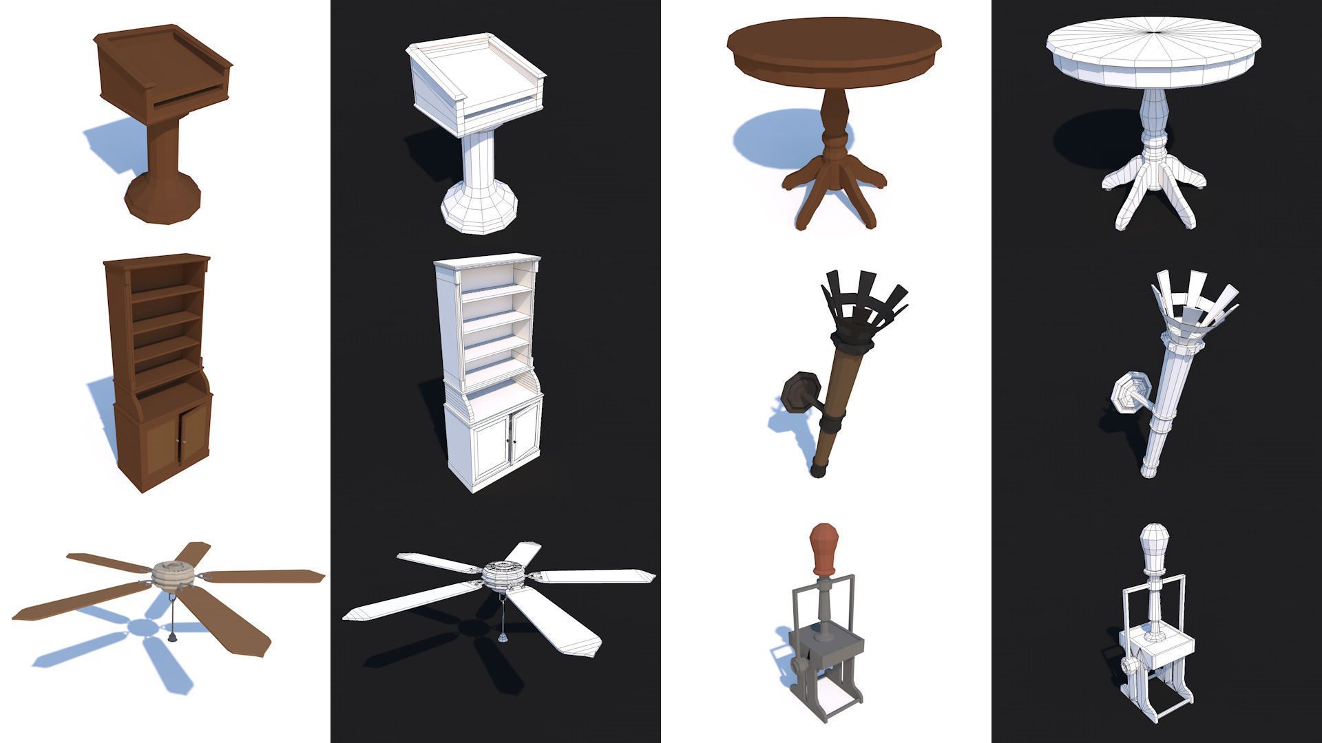 80 Vintage Antique Interior Exterior Furniture Props Collection Low-poly 3D model_11