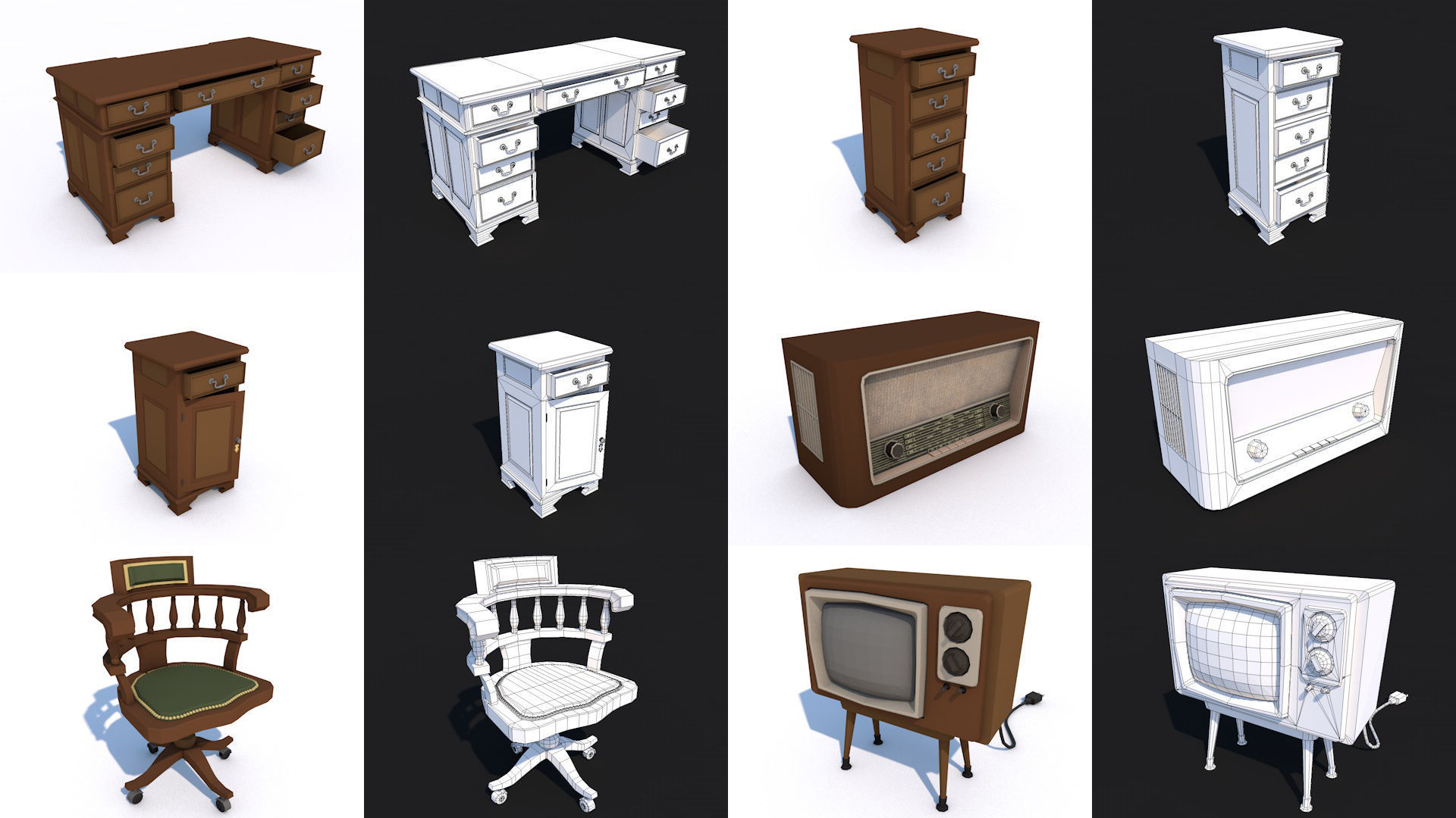 80 Vintage Antique Interior Exterior Furniture Props Collection Low-poly 3D model_2