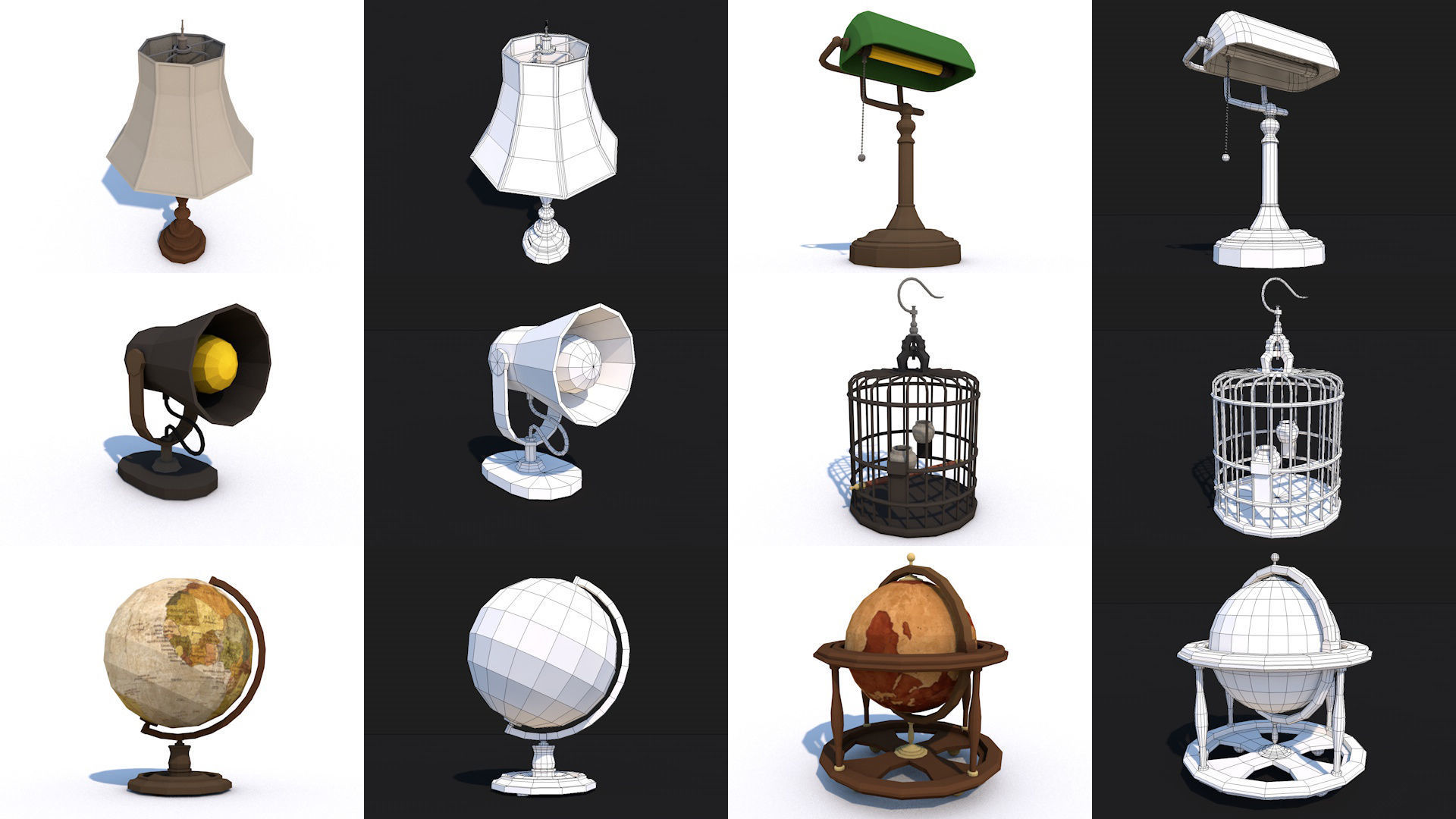 80 Vintage Antique Interior Exterior Furniture Props Collection Low-poly 3D model_7