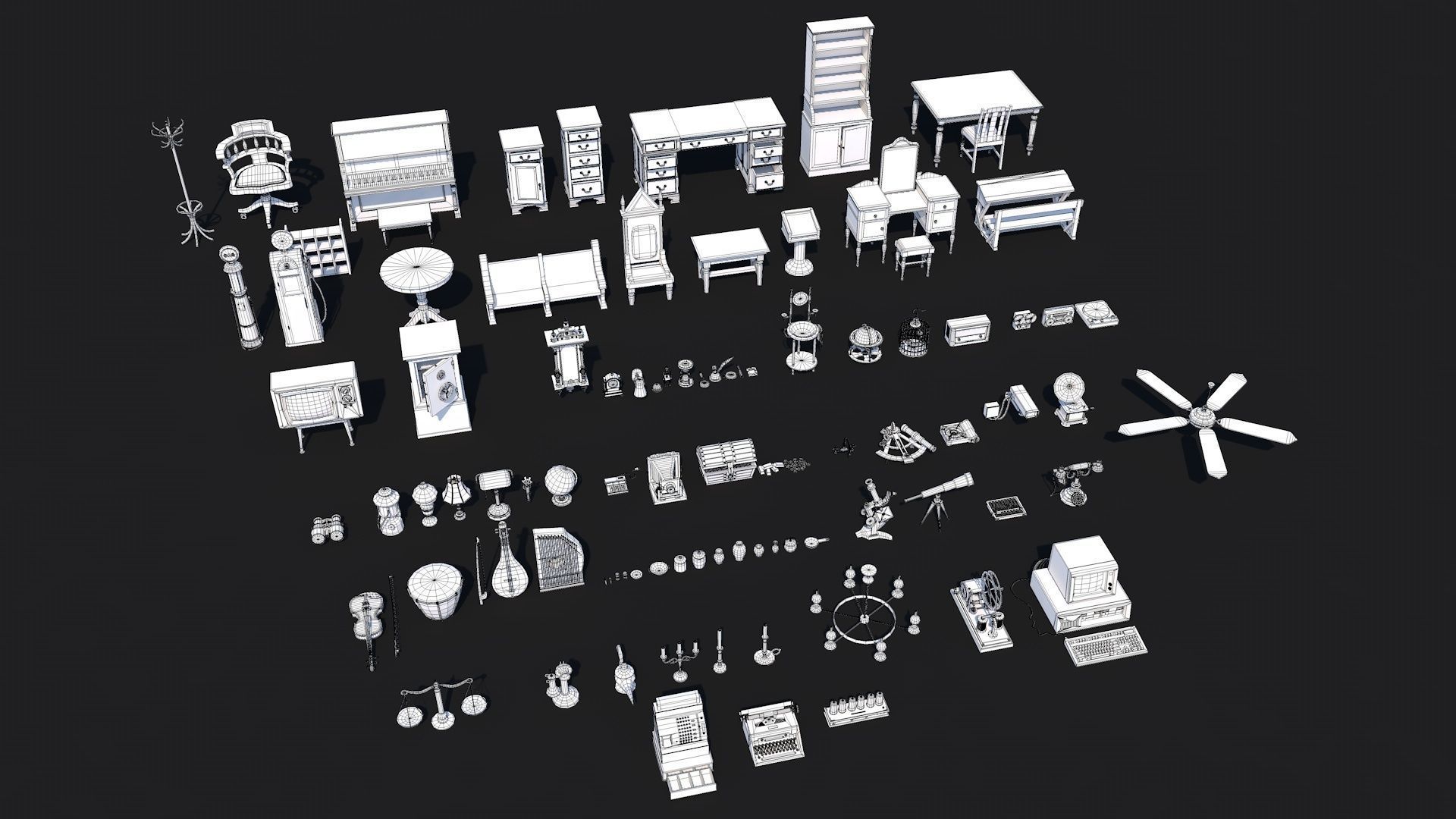 80 Vintage Antique Interior Exterior Furniture Props Collection Low-poly 3D model_1