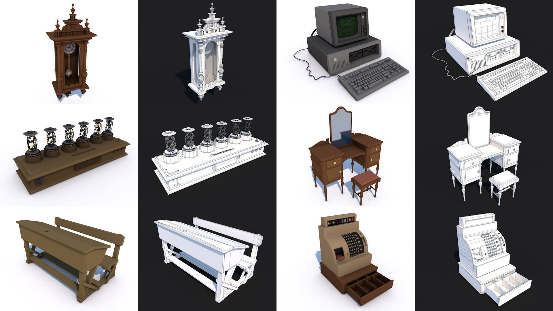 80 Vintage Antique Interior Exterior Furniture Props Collection Low-poly 3D model_3