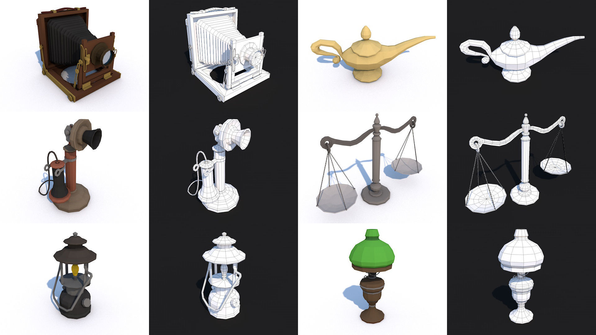 80 Vintage Antique Interior Exterior Furniture Props Collection Low-poly 3D model_6