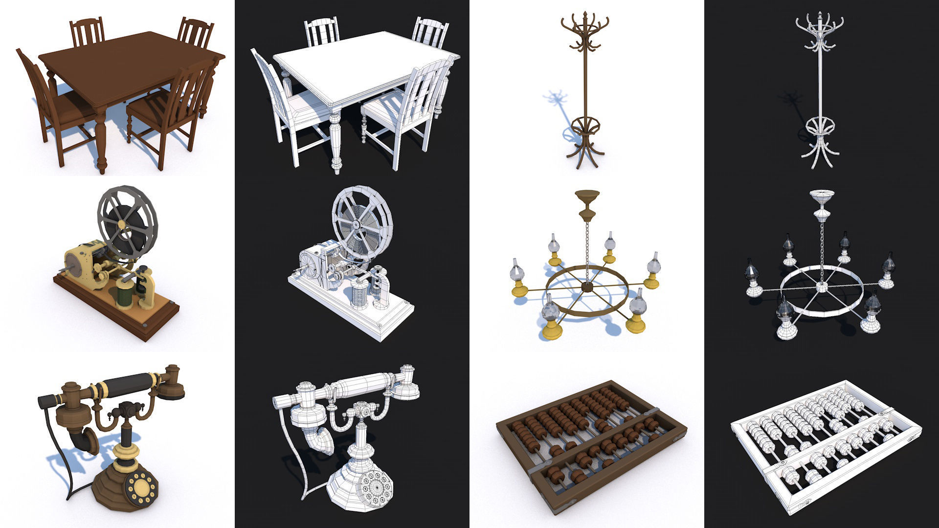 80 Vintage Antique Interior Exterior Furniture Props Collection Low-poly 3D model_4