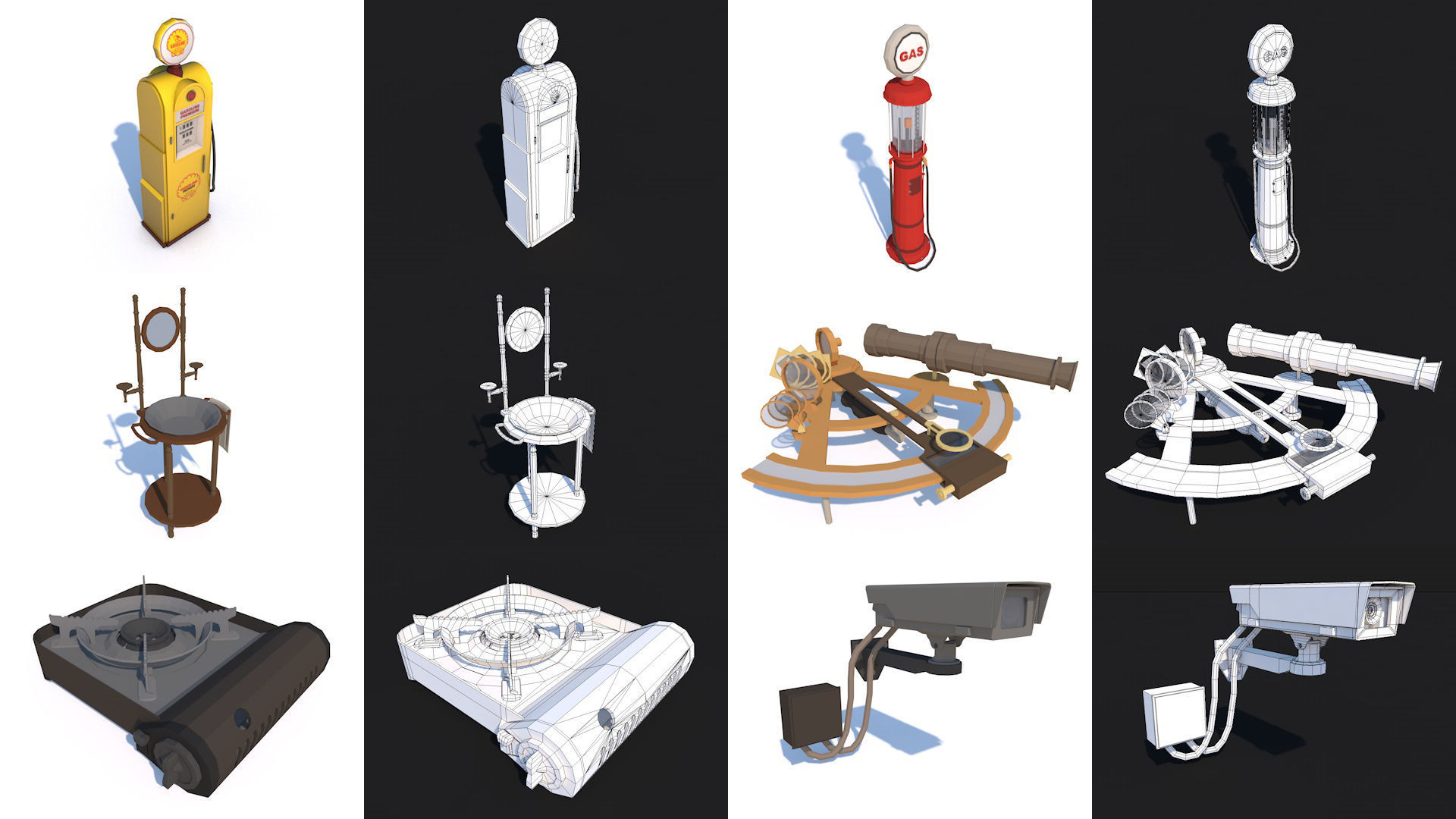 80 Vintage Antique Interior Exterior Furniture Props Collection Low-poly 3D model_9