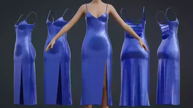Blue Silk Backless Maxi Dress - Spaghetti Strap Dinner Gown Low-poly 3D model