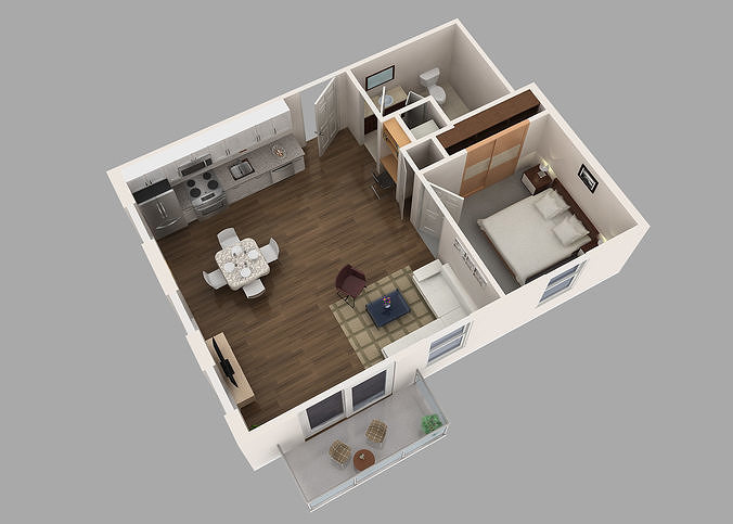 Sketchup  3D model of one bedroom apartment 3D model