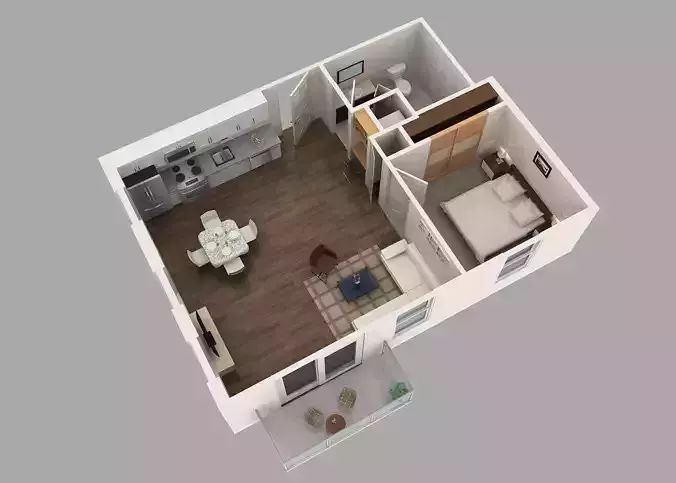 Sketchup  3D model of one bedroom apartment
