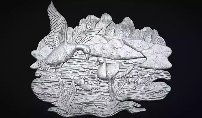 Geese on lake bas relief 3D print model