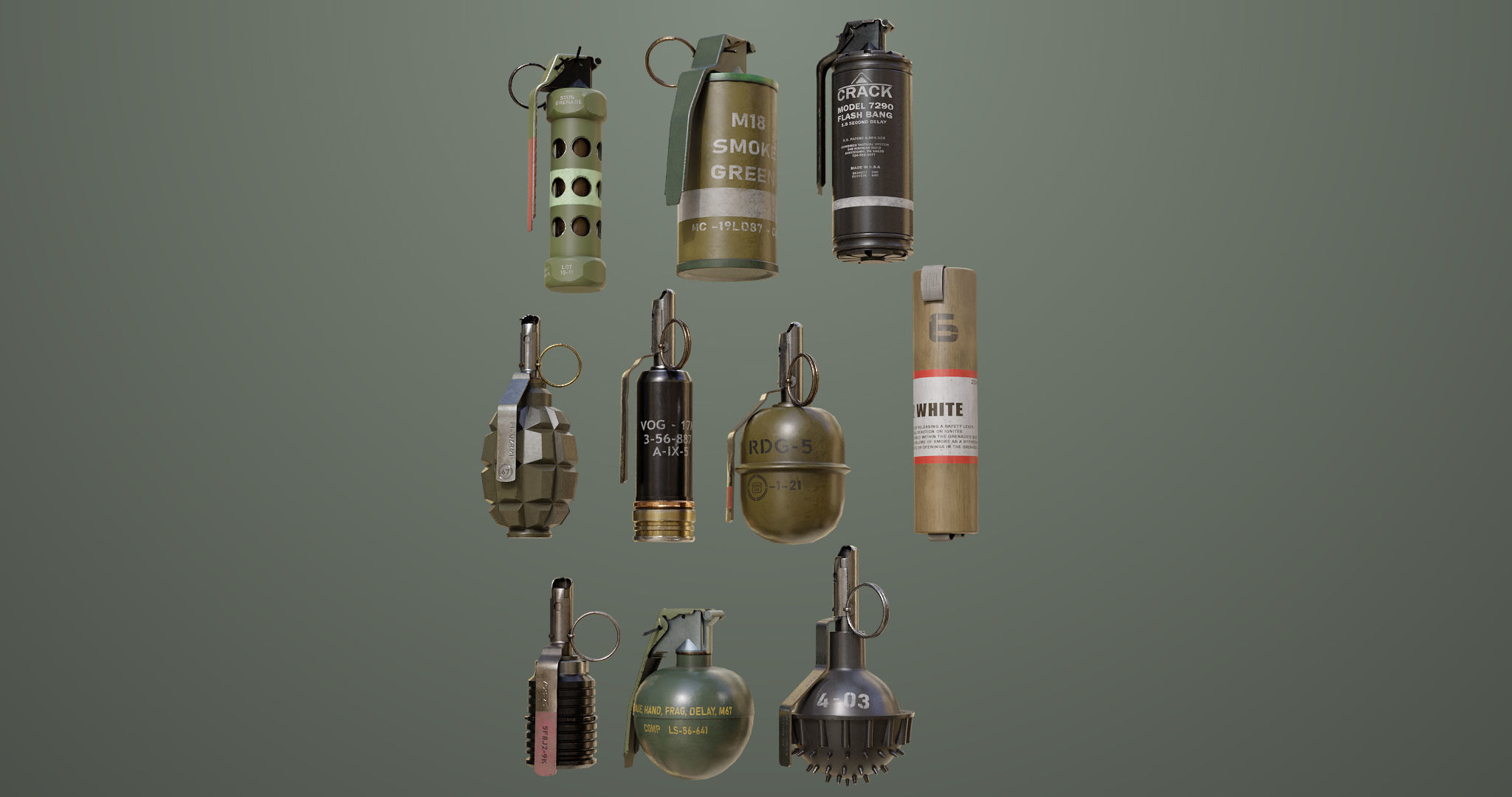 10 Grenades Single Mat All PBR Unity UE Textures Low-poly 3D model_4