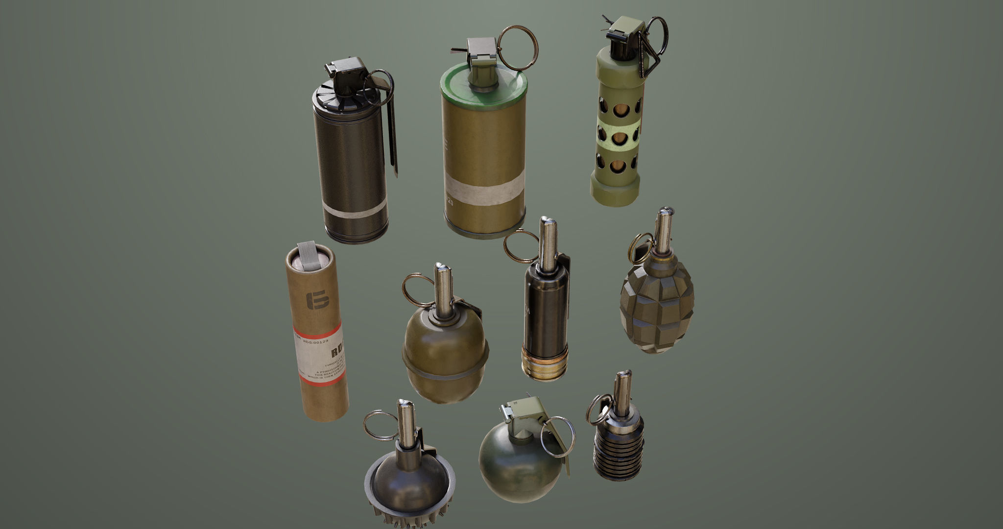 10 Grenades Single Mat All PBR Unity UE Textures Low-poly 3D model_8