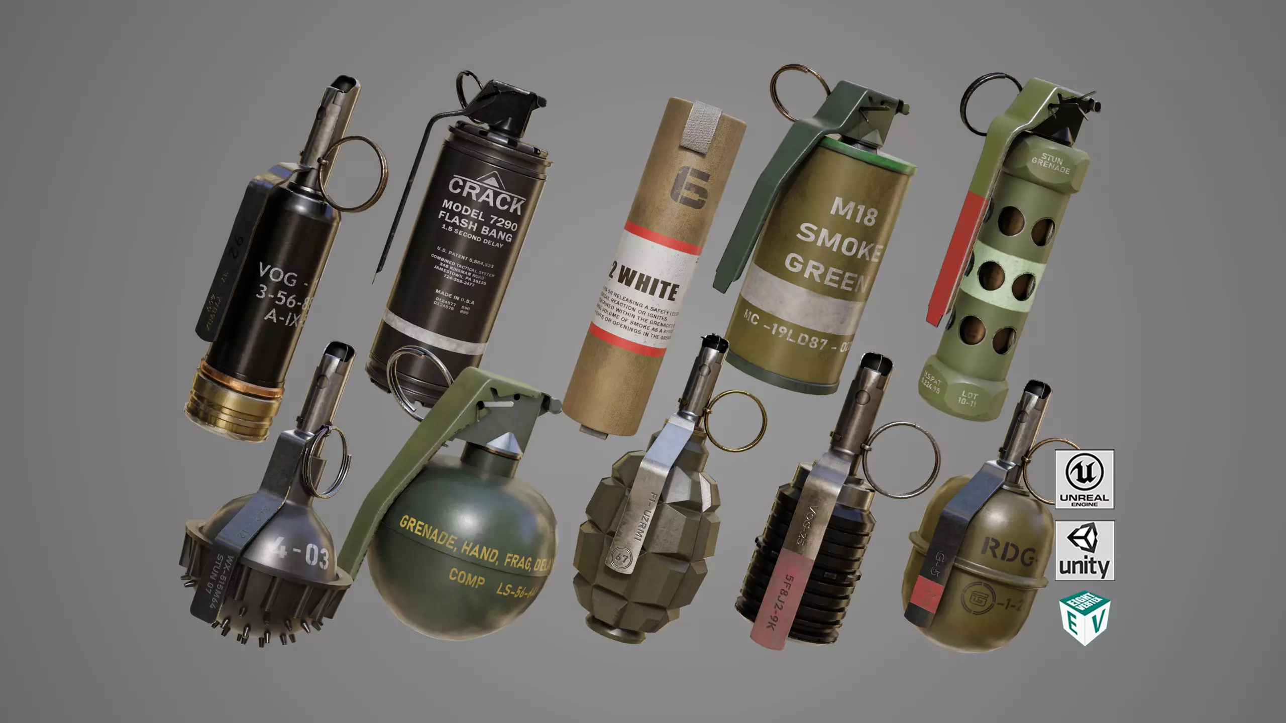 10 Grenades Single Mat All PBR Unity UE Textures Low-poly 3D model_0