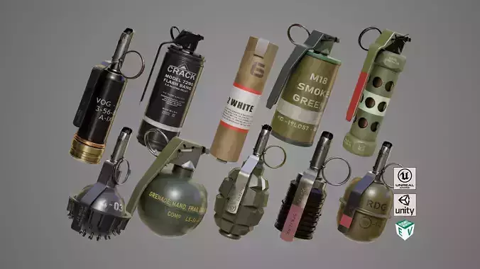 10 Grenades Single Mat All PBR Unity UE Textures Low-poly 3D model