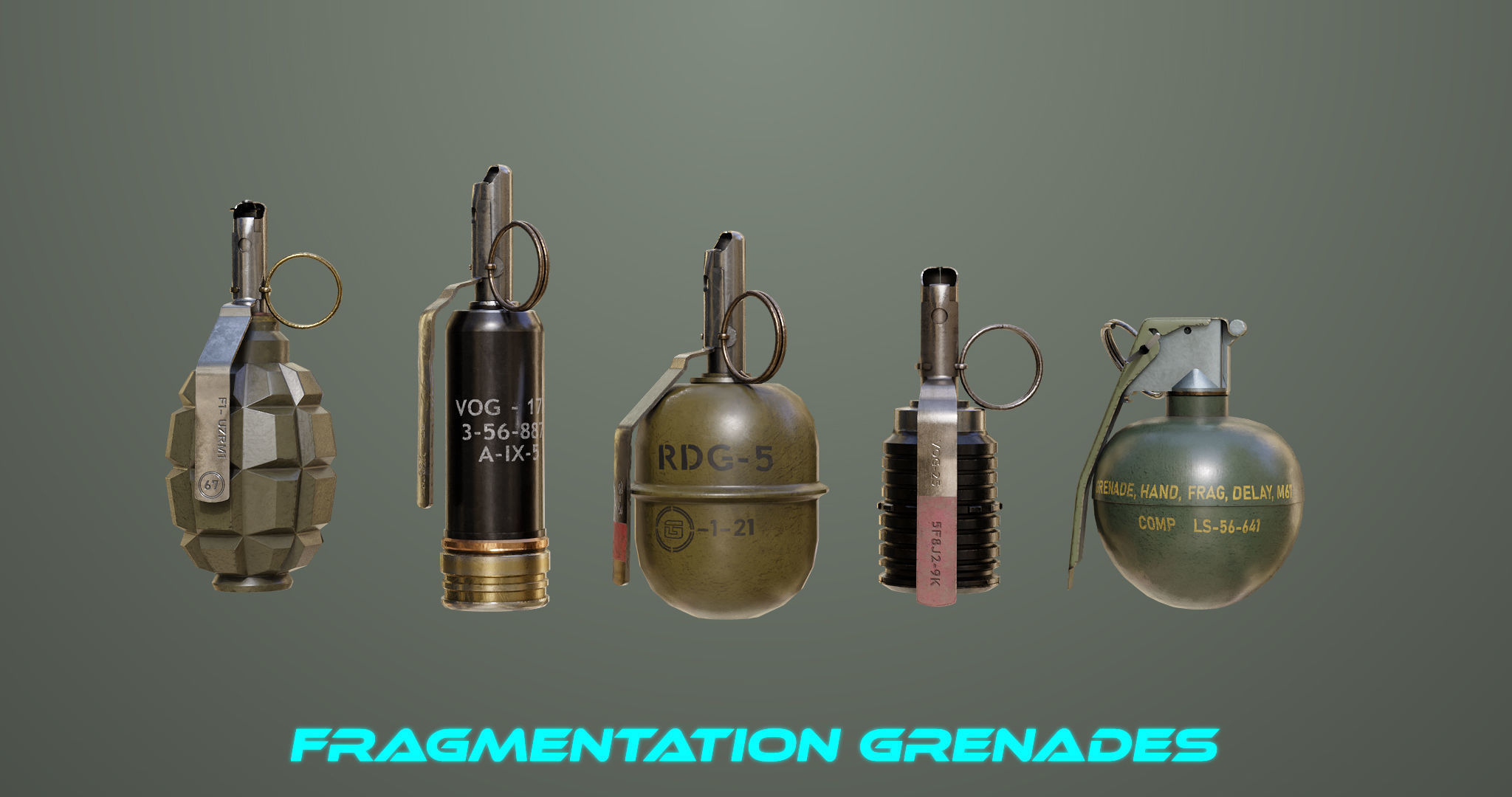 10 Grenades Single Mat All PBR Unity UE Textures Low-poly 3D model_2