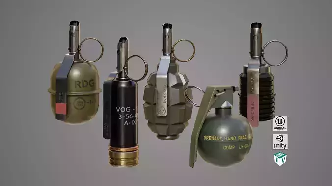 5 Fragmentation Grenades Single Mat PBR Low-poly 3D model