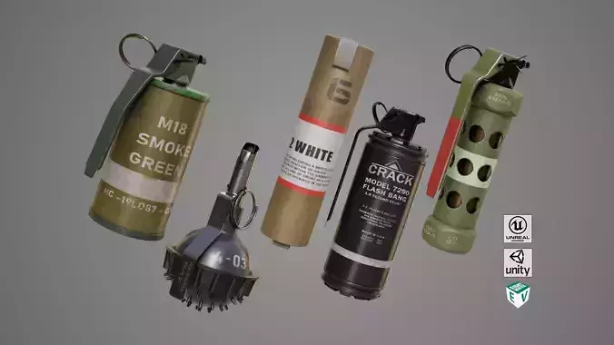 Smoke and Flash Grenades Single Mat All PBR Unity UE Textures Low-poly 3D model